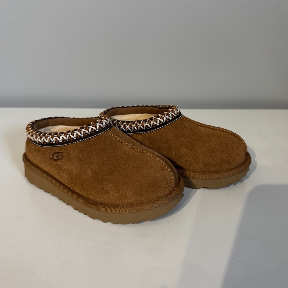UGG Tan Suede Slip-Ons with Patterned Trim like New